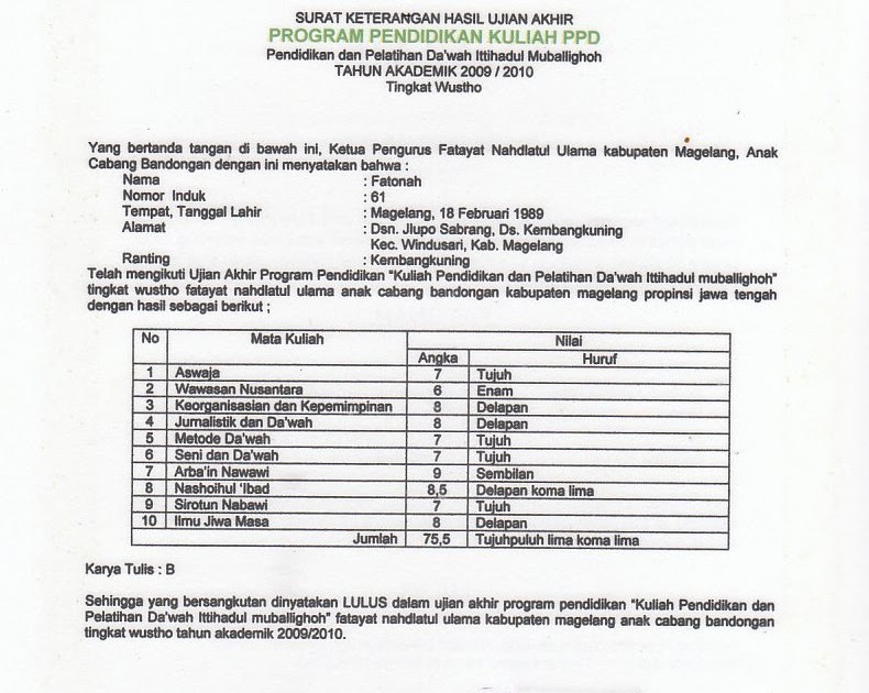 CONTOH IJAZAH FATAYAT NU 2009/2010 - -:7313:-