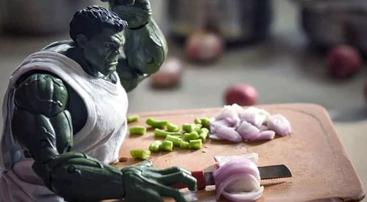 Super Hero Hulk chopping onions