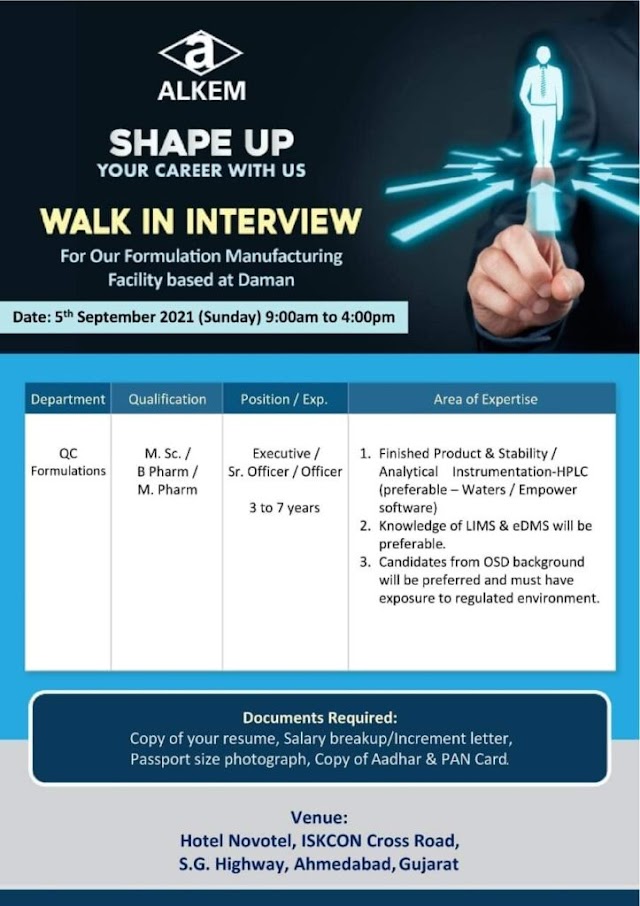 Alkem Labs | Walk-in interview for QC on 5th Sept 2021