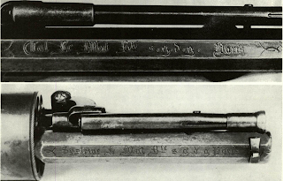 Typical Second Model LeMat, marking was hand engraved on top barrel flat. Significance of various LeMat markings is not understood by today’s collectors, though there should be some reason for distinctions between “Systeme” and “LeMat’s Patent.” etc. variations. Bottom view shows Baby LeMat marking. Gun is Second Model pattern, consistent with phrasing of mark.