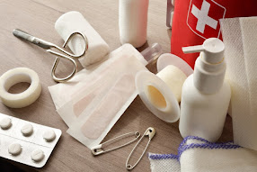 Items that fill a first aid kit - bandages, scissors, pins, etc.