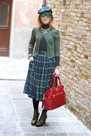 Green and blue tartans, Asos midi skirt, Prada red tote, tartan hat, Fashion and Cookies, fashion blogger