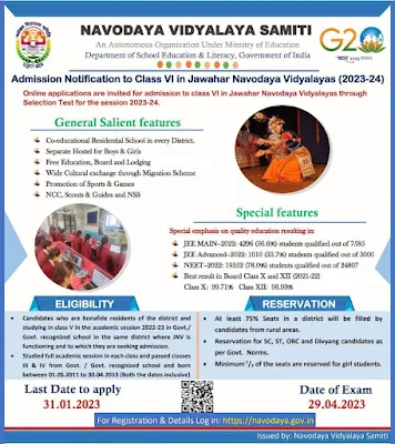 जवाहर नवोदय विद्यालय ग्रामीण प्रतिभाओं को आगे लाने के लिए व अवसर प्रदान करने के लिए राष्ट्रीय शिक्षा नीति 1986 के अंतर्गत ऐसे आवासीय विद्यालयों की परिकल्पना की गयी हैं जिनको Jawahar Navodaya Vidyalaya का नाम दिया गया हैं। ग्रामीण परिवारों के वे छात्र/छात्राएं जो उत्तम श्रेणी की शिक्षा प्राप्त करने के लिए फीस देने में असमर्थ रहते हैं ऐसे छात्र/छात्राओं को अवसर प्रदान करने के लिए सरकार द्वारा जवाहर नवोदय विद्यालय की शुरुआत की गयी हैं। नवोदय विद्यालय की सहायता से गरीब व ग्रामीण परिवार के विद्यार्थी भी शहरी क्षेत्र एवं अच्छे परिवारों के विद्यार्थियों की भांति अच्छी शिक्षा प्राप्त कर सकेंगे और तेजी से आगे बढ़कर अपना भविष्यसुरक्षित कर सकेंगे। सम्पूर्ण देश के ग्रामीण क्षेत्रों में नवोदय विद्यालय की स्थापना की जाती हैं ताकि वहां के छात्र/छात्रा भी पढ़-लिख सकें और आगे बढ़ सके।  इस आर्टिकल के माध्यम से हम आपको जवाहर नवोदय विद्यालय के बारे में सम्पूर्ण जानकारी प्रदान करने जा रहें हैं। नयोदय विद्यालय क्या हैं ? इसके उद्देश्य क्या हैं ? कौन सी कक्षाओं में प्रवेश लिए जा सकते हैं आदि अन्य जानकारी हम आपको अपने इस लेख के माध्यम से उपलब्ध कराने जा रहें हैं। Jawahar Navodaya Vidyalaya से जुडी अधिक जानकारी प्राप्त करने के लिए हमारे लेख से जुड़े रहिये।  जवाहर नवोदय विद्यालय क्या है ? भारत सरकार द्वारा सम्पूर्ण देश के प्रत्येक जिले में एक नवोदय विद्यालय का निर्माण किया जाएगा। इस विद्यालय में शयन कक्ष, भोजन कक्ष, कर्मचारी कक्ष, आवास कक्ष और खेलने के लिए ग्राऊंड व अन्य बहुत सुविधायें उपलब्ध करायी जाएँगी। इसके अतिरिक्त इन विद्यालयों में लाइब्रेरी, खेल का मैदान, प्रयोगशाला आदि की सुविधा भी दी जाएँगी। Navodaya Vidyalaya देश के हर ग्रामीण क्षेत्र में स्थापित किये जाने हैं। मुख्य रूप से नवोदय विद्यालय में ग्रामीण क्षेत्रो के बच्चो को उनकी प्रतिभा दिखने का अवसर प्रदान करने के लिए यह विद्यालय स्थापित किये गए हैं। जेएनवी में कक्षा 6, 9 और 11 में अभ्यर्थी एडमिशन ले सकते हैं।  Navodaya Vidyalaya 2023 Highlights यहाँ हम आपको नवोदय विद्यालय से संबंधित विशेष तथ्यों के विषय में सूचित करने जा रहें हैं। Jawahar Navodaya Vidyalaya से जुड़े इन विशेष तथ्यों के बारे में जानने के लिए नीचे दी गयी सारणी देखिये –  आर्टिकल का नाम	जवाहर नवोदय विद्यालय चयन आधार	प्रवेश परीक्षा प्रवेश स्तर	राष्ट्रीय स्तर प्रवेश	कक्षा 6, 9 और 11 लाभार्थी	देश के सम्पूर्ण विद्यार्थी उद्देश्य	उत्तम शिक्षा उपलब्ध कराना आवेदन मोड	ऑनलाइन कक्षा 6 परीक्षा की तिथि	29 अप्रैल 2023 वर्तमान वर्ष	2023 आधिकारिक वेबसाइट	navodaya.gov.in   जेएनवी (जवाहर नवोदय विद्यालय) में विद्यार्थियों के लिए उपलब्ध सुविधायें Jawahar Navodaya Vidyalaya में विद्यार्थियों के लिए कुछ सुविधायें उपलब्ध करायी गयी हैं। यहाँ हम आपको जेएनवी में विद्यार्थियों हेतु उपलब्ध करायी गयी सुविधाओं के बारे में सूचित करने जा रहें हैं। देखिये-  शिक्षा यूनिफार्म भोजन की सुविधा शयन कक्ष की सुविधा लेखन सामग्री की सुविधा जैसे -पेन, पेंसिल, नोट बुक, पुस्तक, रबर आदि खेल के मैदान की सुविधा दैनिक प्रयोग की सामग्री की व्यवस्था की सुविधा नवोदय विद्यालय द्वारा इन सुविधा के अतिरिक्त विद्यार्थियों पर होने वाले अन्य खर्च भी वहन किये जाते हैं। इन खर्चों के विषय में जानने के लिए नीचे दिए गए पॉइंट्स देखिये –  विद्यार्थियों की यात्रा के लिए एयर कंडियों बस/ट्रैन की व्यवस्था पर खर्च केंद्रीय माध्यमिक बोर्ड शुल्क चिकित्सा आदि पर खर्च  विद्यार्थियों को कुछ अन्य सुविधायें और सुरक्षा उपलब्ध कराने के लिए भी जवाहर नवोदय विद्यालय द्वारा विद्यालय विकास निधि से खर्च वहन किये जाते हैं। जिसके बारे में हम आपको नीचे दिए गए पॉइंट्स के माध्यम से बताने जा रहें हैं। आइये देखते हैं-  सार्वजनिक क्षेत्र में सीसीटीवी कैमरे विद्यालयों में विद्यार्थी के अनुरक्षण के लिए सीसीटीवी कैमरे कॉउंसलर की नियुक्ति सुरक्षा कर्मी की नियुक्ति अन्य दी जाने वाली सुविधायें सुरक्षा और संरक्षा स्वास्थ्य देखभाल आपातकालीन चिकित्सा डाक्टरों और नर्स की व्यवस्था अग्नि सुरक्षा  जवाहर नवोदय विद्यालय (JNV) के प्रमुख उद्देश्य क्या हैं ? नवोदय विद्यालय किन उद्देश्यों से शुरू किया गया एवं इसके क्या उद्देश्य हैं इसके विषय में हम आपको संक्षिप्त जानकारी देना चाहते हैं। जवाहर नवोदय विद्यालय (JNV) के प्रमुख उद्देश्य क्या हैं ? इसके विषय में जानने के लिए आप हमारे द्वारा नीचे दिए गए पॉइंट्स पढ़ सकते हैं –  प्रतिभाशाली ग्रामीण विद्यार्थियों को उनकी आर्थिक स्थिति पर ध्यान न देते हुए बल्कि उनकी गुणवत्ता को ध्यान में रखते हुए उन्हें कुछ कर दिखाने व अपना भविष्य उज्जवल बनाने का अवसर प्रदान करना। सम्पूर्ण देश में एक समान माध्यम जैसे इंग्लिश और हिंदी के शिक्षण की सुविधा उपलब्ध कराना। विद्यालय में रहने वाले विद्यार्थियों के रख-रखाव, आवास और अन्य प्रबंध करना। शिक्षकों को प्रशिक्षण एवं अनुभव और सुविधाओं के द्वारा स्कूल शिक्षा के सुधार के केंद्र बिंदु के रूप में कार्य करना। राष्ट्रीय एकता को बढ़ावा देना। जवाहर नवोदय विद्यालय-JNV कक्षा 6(2022) में प्रवेश लेने के लिए आवेदन-नवोदय विद्यालय प्रवेश परीक्षा/चयन परीक्षा_रजिस्ट्रेशन  जेएनवी में एडमिशन के लिए पात्र कौन हो सकते हैं ?  यहाँ हम आपको बताने जा रहें हैं कि जेएनवी में कौन एडमिशन ले सकता हैं कहना का मतलब है की नवोदय विद्यालय में एडमिशन हेतु क्या पात्रता होनी चाहिए। इसके विषय में हम आपको कुछ विशेष सूचना द्वारा सूचित करने जा रहें हैं। आइये जानते हैं दी गयी सूचना के माध्यम से –  सभी अभ्यर्थियों के लिए जिस जिले के विद्यालय में प्रवेश (ADMISSION) प्रासम्भ हुए हैं केवल उसी जिले के रहने वाले उक्त विद्यालय में एडमिशन ले सकते हैं। कक्षा 6 के विद्यार्थी की उम्र 9 से 11 साल के बीच होनी चाहिए और विद्यार्थी ने कक्षा 5 मान्यता प्राप्त स्कूल ने उत्तीर्ण की होनी चाहिए। प्रवेश के लिए कक्षा 9 के विद्यार्थी की उम्र 13 से 16 साल के बीच होनी चाहिए और विद्यार्थी ने कक्षा 8 मान्यता प्राप्त स्कूल से प्राप्त की होनी चाहिए। कक्षा 11 के विद्यार्थी की उम्र 14 से 18 साल के बीच होनी चाहिए और विद्यार्थी ने कक्षा 10 केंद्रीय माध्यमिक बोर्ड द्वारा उत्तीर्ण की होनी चाहिए। कोई भी परीक्षार्थी एंट्रेंस एग्जाम ने दूसरी बार बैठने के योग्य नहीं हैं। ग्रामीण अभ्यर्थियों के लिए न्यूनतम 75% स्थान ग्रामीण क्षेत्रो के विद्यार्थियों और शेष 25% स्थान शहरी क्षेत्र के विद्यार्थिओं द्वारा भरे जायेंगे। उम्मीदवार छात्र/छात्रा ने कक्षा 5वीं उक्त जिले से ही उत्तीर्ण की होनी चाहिए जहाँ वह प्रवेश लेने का इच्छुक हैं। अभ्यर्थी को जिलाधिकारी, तहसीलदार या खण्ड विकास अधिकारी द्वारा जारी किया गया, इस आशय का प्रमाण देने होगा कि वह ग्रामीण क्षेत्र का निवासी हैं। शहरी अभ्यार्थियों के लिए जिन अभ्यर्थियों ने किसी भी शहरी क्षेत्र में कक्षा तीन,चार व पांचवीं ही हैं वह शहरी क्षेत्र का अभ्यर्थी मन जायेगा। जो 2011 की जनगणना के या अन्य किसी सरकारी अधिसूचना के द्वारा निर्धारित किया गया हैं। JNV (नवोदय विद्यालय में प्रवेश) लेने हेतु प्रमुख दस्तावेज कौन से हैं ? नवोदय विद्यालय में एडमिशन लेने के लिए आपको कुछ आवश्यक दस्तावेजों और प्रमाण पत्रों की आवश्यकता होगी। इन दस्तावेजों के बिना आप जेएनवी में एडमिशन नहीं ले सकेंगे। आइये जानते हैं इन आवश्यक दस्तावेजों के बारे में नीचे दी गयी सूचना के द्वारा –  जन्मतिथि प्रमाण पत्र जेएनवी की शर्तों के अनुसार योग्यता प्रमाण पत्र विद्यार्थी के हस्ताक्षर पासपोर्ट साइज फोटो अभिभावक के हस्ताक्षर एनएओएस से अध्ययन करने वालो के लिए निर्धारित निवास प्रमाण पत्र अगर कोई अन्य आवश्यक प्रमाण पत्र ( यदि हो तो ) नवोदय विद्यालय में प्रवेश के लिए दिया जाने वाला स्थान आरक्षण यहाँ हम आपको जेएनवी में एडमिशन लेने के लिए आरक्षित सीटों के बारे में बताने जा रहें हैं। अगर आप भी जानना चहिते हैं कि किस वर्ग के लिए कितने प्रतिशत सीटें आरक्षित हैं तो जानने के लिए नीचे दी गयी सूचना पढ़ें –  हर जिले में कम से कम 75 % स्थान ग्रामीण विद्यार्थियों और शेष स्थान शहरी क्षेत्रो विद्यार्थियों के लिए रखा गया हैं। कुल स्थानों में से लगभग 1/3 भाग बालिकाओं द्वारा भरा जायेगा। जिले में अनुसूचित जाति और अनुसूचित जनजाति के वर्ग के विद्यार्थियों को उनकी जनसंख्या के अनुपात में आरक्षित किया जायेगा। दिव्यांग विद्यार्थियों के लिए सरकार द्वारा 3 %सीटें आरक्षित रखी गयी हैं। जानें जवाहर नवोदय विद्यालय में एडमिशन कैसे लें  यहाँ हम आपको Jawahar Navodaya Vidyalaya के विषय में सूचना प्रदान करने जा रहें हैं कि किस प्रकार आप कक्षा 6, 9 और 11 के लिए ऑनलाइन आवेदन कर सकते हैं। इसके बारे में जानने के लिए आप हमारे द्वारा नीचे दी गयी जानकारी ध्यानपूर्वक पढ़ें। आइये Jawahar Navodaya Vidyalaya class 6th, 9th, 11th online apply process जानते हैं दिए गए कुछ स्टेप्स के माध्यम से –  नवोदय विद्यालय क्लास 6 एडमिट कार्ड | नवोदय विद्यालय आवेदन फॉर्म JNV कक्षा 6 में प्रवेश लेने के लिए आवेदन कैसे करें सबसे पहले आपको आधिकारिक वेबसाइट https://cbseitms.rcil.gov.in/nvs?AspxAutoDetectCookieSupport=1पर जाना होगा। उसके बाद आपके सामने वेबसाइट का होम पेज आपके सामने खुल जायेगा। होम पेज पर आपको Click Here to Class VI Registration के विकल्प पर क्लिक कर देना है। आपके सामने एक नया पेज खुल जायेगा, आपको सर्टिफिकेट डाउनलोड करने का विकल्प दिखाई देगा, उस पर क्लिक करें। अगले पेज में आपके सामने सर्टिफिकेट पीडीएफ खुलकर आ जाएगा। इसके बाद आप इस सर्टिफिकेट को डाउनलोड कर भर लें । उसके बाद आपको वापस उसी पेज पर जाना होगा, और पूछी गयी सभी जानकारी दर्ज करनी होंगी। इसके बाद आपको पासपोर्ट साइज फोटो, फॉर्म और सिग्नेचर स्कैन करके ऑनलाइन अपलोड करने होंगे। उसके बाद आपको Submit & Preview के बटन पर क्लिक कर देना है। अगले पेज में आपकी स्क्रीन पर आपके द्वारा भरा गया फॉर्म खुल कर आ जायेगा। फॉर्म में भरी गयी सभी जानकारी की जाँच कर लें, सभी जानकारी सही होने पर फाइनल सबमिट कर दें। इस प्रकार आपकी आवेदन फॉर्म भरने की प्रक्रिया पूरी हो जाती है। कक्षा 9 में प्रवेश लेने के लिए आवेदन कैसे करें सबसे पहले आपको दिए गए लिंक www.nvsadmissionclassnine.in पर क्लिक करना होगा। जैसा कि नीचे दिए गए चित्र में दिखाया गया हैं- लिंक पर क्लिक करते ही आपके सामने वेबसाइट का होम पेज ओपन होगा। यहाँ आपको क्लास 9th एडमिशन के लिंक पर क्लिक करना होगा। इसके बाद आपके सामने एक फॉर्म ओपन होगा। फॉर्म में पूछी गयी सभी आवश्यक सूचना भरें। इसके बाद आपको सबमिट पर क्लिक करना होगा। इस प्रकार आपकी आवेदन प्रक्रिया पूरी हो जाएगी। कक्षा 11 में प्रवेश लेने के लिए आवेदन कैसे करें रजिस्ट्रेशन सबसे पहले आपको आधिकारिक वेबसाइट पर जाना होगा। जैसा कि नीचे दिए गए चित्र में दिखाया गया हैं – अब आपके सामने वेबसाइट का होम पेज ओपन होगा। पहले आपको अपना रजिस्ट्रेशन करना होगा। इसके लिए आपको for candidate के अनुभाग में जाना होगा। अब आपको candidate to click here for REGISTRATION phase I के लिंक पर क्लिक करना होगा। आपके सामने रजिस्ट्रेशन पेज ओपन हो जायेगा। आप नीचे दिए गए चित्र में देख सकते हैं – यहाँ सबसे पहले आपको अपने स्टेट, डिस्ट्रिक्ट, कैंडिडेट का नाम, मोबाइल नंबर और जन्मतिथि भरनी होंगी। और अब कैप्चा कोड भरकर सबमिट के ऑप्शन पर क्लिक करना होगा। इसके बाद आपको यूजर नाम और पासवर्ड दे दिया जायेगा। और इस प्रकार आपका रजिस्ट्रेशन हो जायेगा। लॉगिन कैसे करें ? लॉगिन करने के लिए सबसे पहले आपको लॉगिन अनुभाग में जाना होगा। यहाँ आपको अपना यूजर नाम/रजिस्ट्रेशन नंबर दर्ज करना होगा। इसके बाद आपको अपना पासवर्ड भी दर्ज करना होगा। और अब आपको फॉर्म में दिया गया कैप्चा कोड भरना होगा। लास्ट में आपको लॉगिन के ऑप्शन पर क्लिक करना होगा। इस प्रकार आपकी लॉगिन प्रोसेस पूरी हो जाएगी। लॉगिन करने के बाद आपके सामने एक नया पेज खुलेगा यहाँ आपको फेज 2 में पूछी गयी सम्बंधित जानकारी भरनी होगी। जानिए नीचे दिए गए स्टेप्स के जरिये-  यहाँ आपको click here to phase 2 registration के लिंक पर क्लिक करना होगा। जैसा कि नीचे दी गयी इमेज में दिखाया गया हैं- अब आपके सामने एक फॉर्म आजयेगा।आपको अपनी personal details और communication details भरनी होगा। डिटेल्स भरने के बाद आपको फॉर्म सेव करके नेक्स्ट के ऑप्शन पर क्लिक करना होगा। आप नीचे दिए गए चित्र के माध्यम से देख सकते हैं- जवाहर-नवोदय-विद्यालय यहाँ आपको अपने स्कूल का नाम, स्कूल की लोकेशन, कक्षा 10वीं पास करने का साल ,स्कूल इंग्लिश मीडियम है या हिंदी मीडियम आदि जानकारी भरनी होंगी। सभी जानकारी भरने के बाद आपको फॉर्म को सेव करके नेक्स्ट के ऑप्शन पर क्लिक करना होगा। इसके बाद अपनी स्ट्रीम का चयन करना होगा और स्टेट का प्रेफरेंस देना होगा। और इसके बाद कैंडिडेट और अभिभावक के सिग्नेचर के ऑप्शन में जाकर सिग्नेचर स्कैन करके अपलोड करें। अब आप व्यू डिटेल्स पर क्लिक करके अपना फॉर्म देख सकते हैं। फॉर्म में भरी गयी सभी जानकारी एक बार चेक कर लें। जानकारी सही होने पर सबमिट के ऑप्शन पर क्लिक करके फॉर्म सबमिट कर दें।  अब आपको रजिस्ट्रेशन फॉर्म फेज 3 में पूछी गयी सम्बंधित जानकारी दर्ज करनी होंगी। यहाँ आपको कक्षा 10 से जुडी सूचनायें भरनी होंगी –  सबसे पहले आपको marks या grade जो आपने दसवीं कक्षा में प्राप्त किये हो उसका चयन करना होगा। इसके बाद आपको 10वीं कक्षा के विषय और प्राप्तांक फॉर्म में भरने होंगे। और अपनी 10वीं की मार्कशीट अपलोड करनी होगी। जिसका साइज 100 kb से अधिक नहीं होना चाहिए। इसके बाद आपको सेव डाटा के ऑप्शन पर क्लिक करना होगा। इस प्रकार आपका फेज 3 रजिस्ट्रेशन पूरा हो जायेगा। एप्लीकेशन फॉर्म डाउनलोड अब आपकी स्क्रीन पर CLICK HERE TO DOWNLOAD APPLICATION FORM का एक लिंक आएगा। आपको इस लिंक पर क्लिक करना होगा। अब आपके सामने एक नया पेज ओपन होगा। यहाँ आपको प्रिंट एप्लीकेशन फॉर्म के ऑप्शन पर क्लिक करना होगा। अब आपका फॉर्म प्रिंट हो जायेगा। आप इस फॉर्म को सुरक्षित अपने पास रख लें।  प्रवेश परीक्षा हेतु एडमिट कार्ड डाउनलोड Jawahar Navodaya Vidyalaya की प्रवेश परीक्षा/एंट्रेंस एग्जाम/चयन परीक्षा देने के लिए आपको एडमिट कार्ड की आवश्यकता होगी। एडमिट कार्ड डाउनलोड करने के लिए आप आधिकारिक वेबसाइट पर दिए गए लिंक पर क्लिक करके आसानी से अपना एडमिट कार्ड डाउनलोड कर सकते हैं।  नवोदय विद्यालय सलेक्शन टेस्ट 2023 एडमिट कार्ड डाउनलोड करने के लिए आपको आधिकारिक वेबसाइट पर जाना होगा। आपके सामने वेबसाइट का होम पेज ओपन होगा। आपको selection test admit card 2023 के लिंक पर क्लिक करना होगा। अब आपके सामने एक नया पेज ओपन होगा। यहाँ आपको अपना एप्लीकेशन नंबर, जन्मतिथि और पासवर्ड भरना होगा। इसके बाद आपकी स्क्रीन पर आपका एडमिट कार्ड दिखाई देगा। अब आपको इसको डाउनलोड कर सकते हैं और प्रिंट निकालकर अपने पास सुरक्षित रखे। इस प्रकार आपकी यह प्रोसेस पूरी हो जाएगी। नवोदय विद्यालय प्रवेश परीक्षा/चयन परीक्षा जवाहर नवोदय विद्यालय द्वारा छात्र/छात्राओं को पपरवेश देने हेतु एक चयन परीक्षा का आयोजन किया जाता हैं। प्रति वर्ष लाखो की संख्या में छात्र/छात्रा नवोदय विद्यालय में प्रवेश लेने हेतु प्रवेश परीक्षा देते हैं। नवोदय विद्यालय में एडमिशन लेने के लिए सभी छात्रों को चयन परीक्षा देनी होगी। जो छात्र/छात्रा इस परीक्षा में उत्तीर्ण होंगे उन्ही छात्र को नवोदय विद्यालय में प्रवेश दिया जायेगा। 29 अप्रैल 2023 को कक्षा 6 के छात्र/छात्राओं के लिए चयन परीक्षा का आयोजन किया जायेगा।  (JNV) जवाहर नवोदय विद्यालय प्रवेश परीक्षा रिजल्ट जवाहर नवोदय विद्यालय की सलेक्शन एग्जाम के बाद समिति द्वारा इसका रिजल्ट जारी किया जाता हैं। रिजल्ट की घोषणा आधिकारिक वेबसाइट के माध्यम से ही की जाती हैं। जेएनवी प्रवेश परीक्षा का रिजल्ट देखने के लिए आप नीचे दिए गयी वेबसाइट पर जाकर अपना रिजल्ट देख सकते हैं। आइये देखते हैं –  nvsadmissionclassnine.in navodaya.gov.in (कक्षा 6 का रिजल्ट 2022 देखने के लिए ) nvsadmissionclasssix.in (कक्षा 9 का रिजल्ट देखने के लिए) cbseit.in JNVकक्षा 6 में प्रवेश लेने के लिए आवेदन की जानकारी (E_Book)