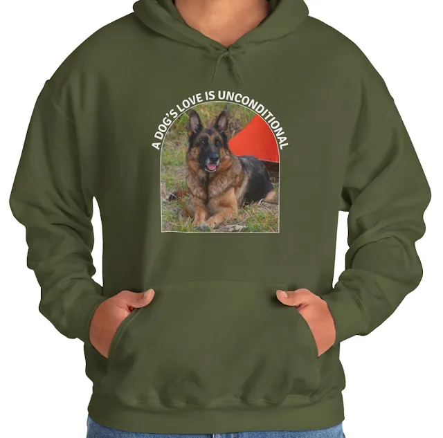A Hoodie With West Red and Black Large Head Male German Shepherd With a Dark Face and Caption Dog's Love is Unconditional