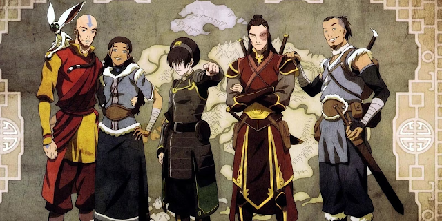 Aang, Sokka, Toph, Katara, and Zuko together as adults