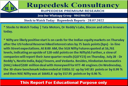 Stock to Watch Today - Rupeedesk Reports - 28.07.2022