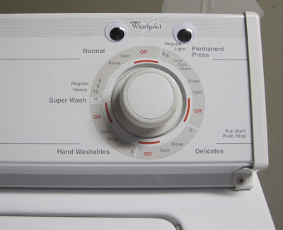 A washing machine dial with googly eyes