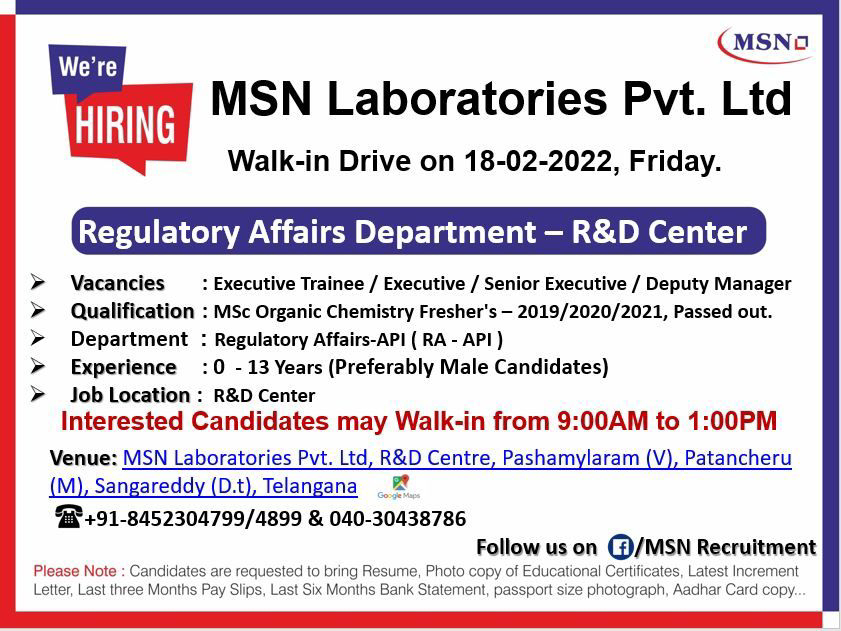Job Availables,MSN Laboratories Pvt. Ltd Walk-In-Interview For MSc Organic Chemistry - Freshers