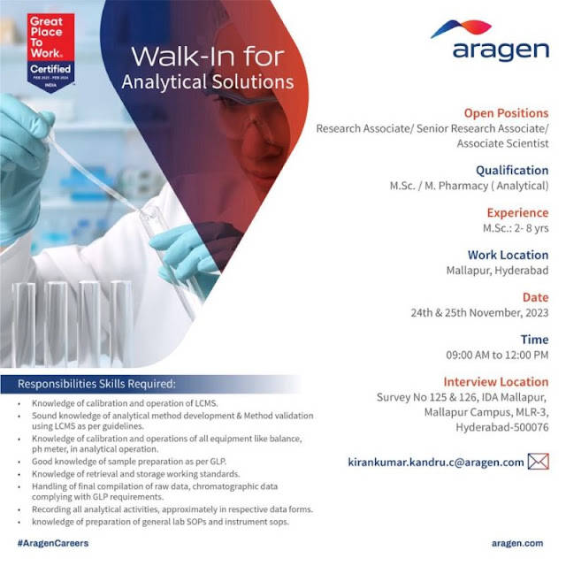 Aragen Lifesciences Walk In Drive For Research Associate/ Senior Research Associate/ Associate Scientist