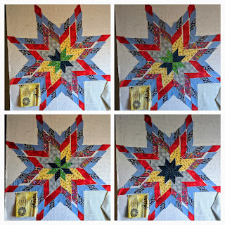 Photos show blue and green diamonds surrounded by yellow and blue diamonds to form the center of a Lone Star quilt