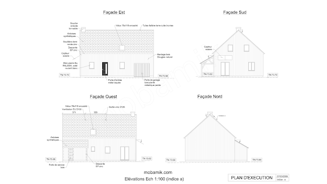 plan façade maison, PCMI5, croquis façade, dessin maison, maison bois, bardage, permis construire pièce 5