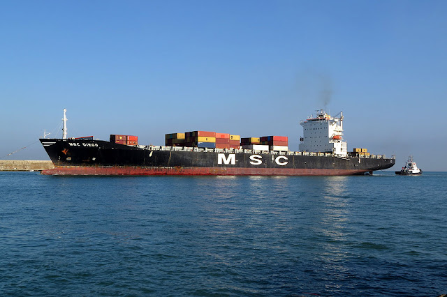 Portacontainer MSC Diego, IMO 9202649, rimorchiatore Tito Neri, IMO 9319167, porto di Livorno