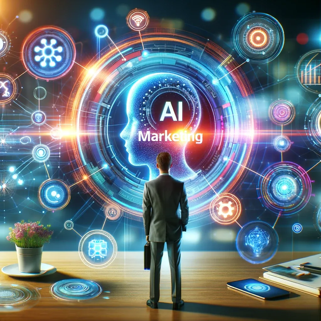 Illustration futuriste représentant l'AI Marketing en 2023 avec des éléments de réseaux numériques, intelligence artificielle et analyse marketing