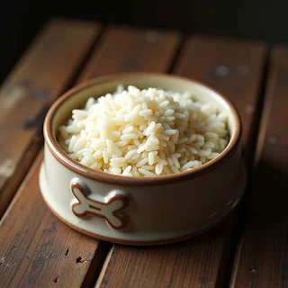 bowl of cooked jasmine rice in a dog bowl on a wooden table