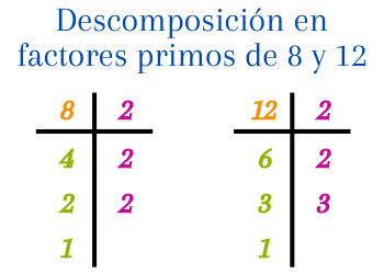 Descomposición en factores primos de 8 y 12