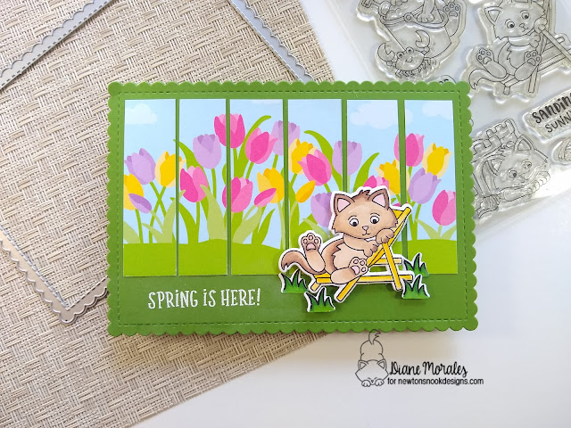 Spring is here by Diane features Kitten Beach, A7 Frames & Banners, Spring Blooms, Newton's Bloom and Spring Roundabout by Newton's Nook Designs; #inkypaws, #newtonsnook, #springcards, #kittencards, #cardchallenges, #cardmaking