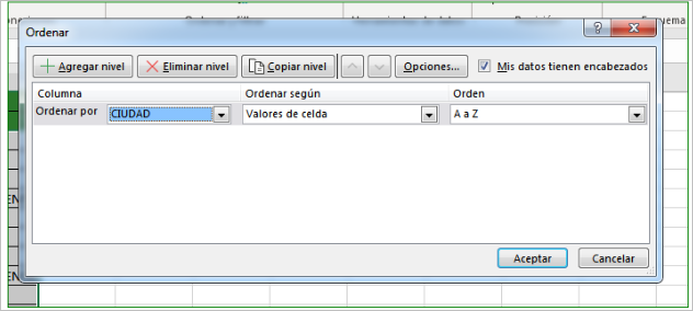 ventana de ordenar en excel