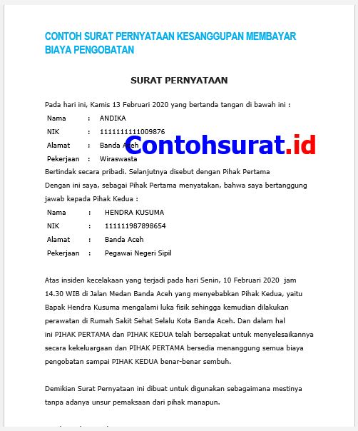 Contoh Surat Pernyataan Sanggup Membayar Biaya Pengobatan