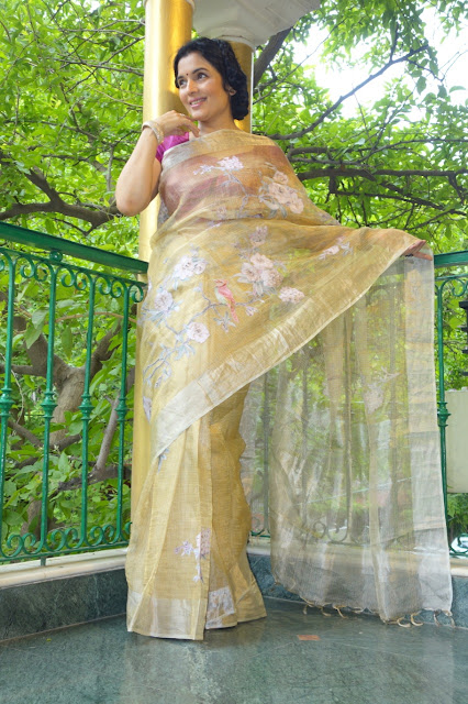 Gold tissue Kota Doria with silk applique work