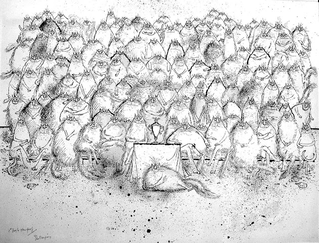 Ronald Searle, a large group of cats in a group photograph