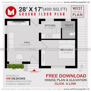 28 x 17 Single bedroom house plans Indian style under 400 square feet