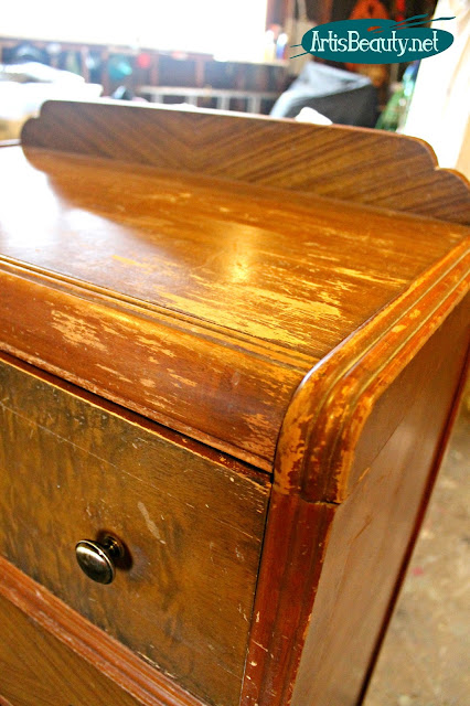 two toned waterfall chest of drawers makeover veneer repair wood refinish painted dresser