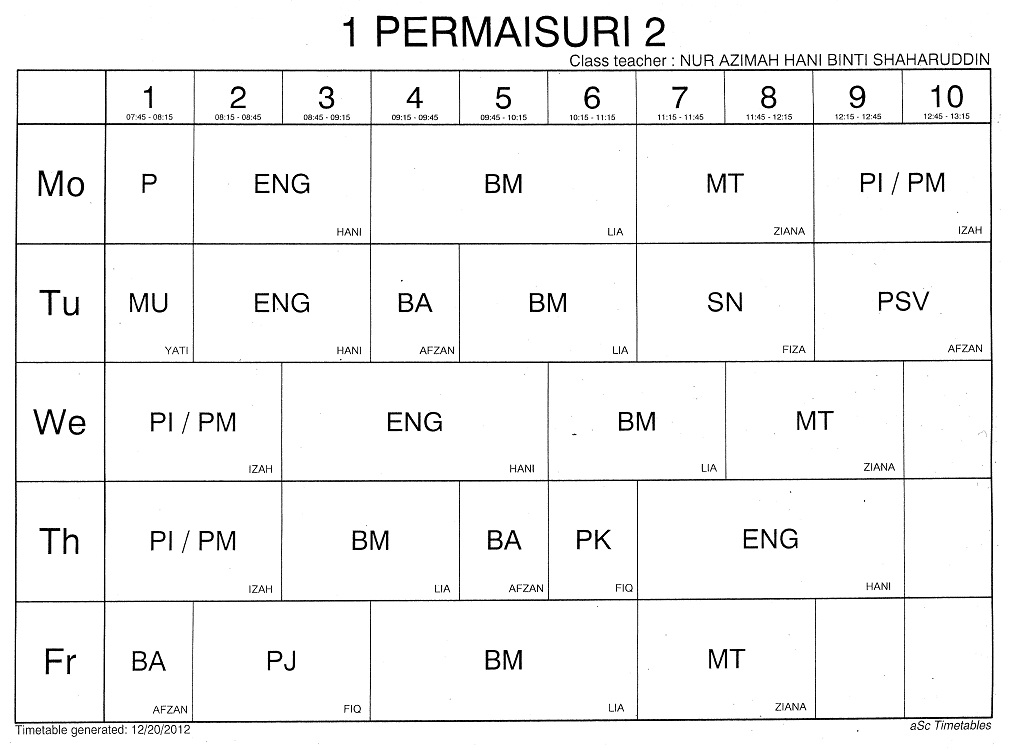 Jadual Kelas Tahun Satu (1) ~ Sekolah Kebangsaan Seri 