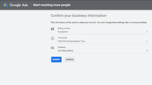 Confirm Your Business Information google ads