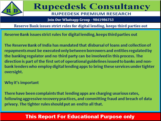 Reserve Bank issues strict rules for digital lending, keeps third parties out - Rupeedesk Reports - 11.08.2022
