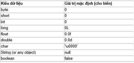 Các giá trị mặc định của kiểu dữ liệu nguyên thủy - tinhoccoban.net