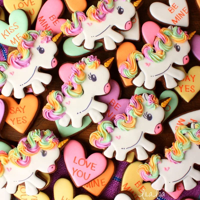 Rainbow haired unicorn decorated sugar cookies