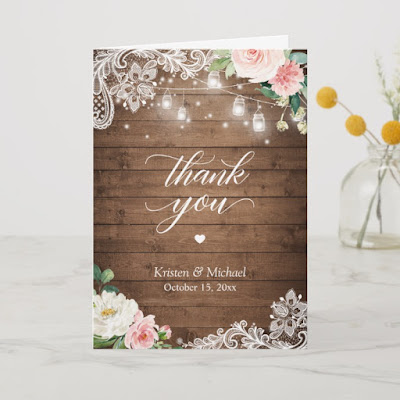  Rustic Mason Jar Lights Floral Lace Wedding Thank You Card