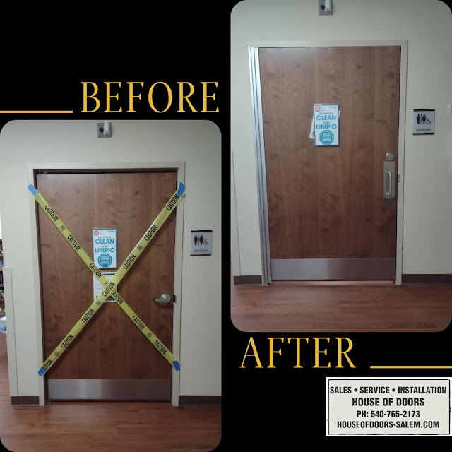 Before and After commercial door repair and hardware upgrade