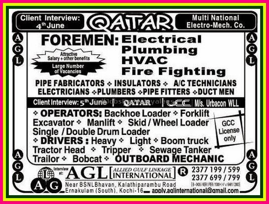 Multi National Electro-Mech co Jobs in Qatar