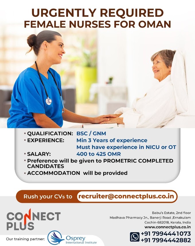 BSc, GNM Female Nurses Job Vacancies for Oman