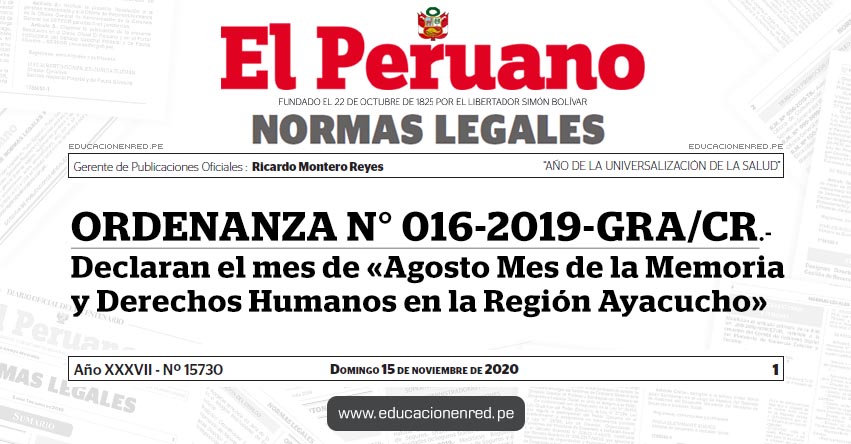 ORDENANZA N° 016-2019-GRA/CR.- Declaran el mes de «Agosto Mes de la Memoria y Derechos Humanos en la Región Ayacucho»