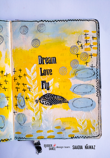 Art journal spread with Rubber Dance stamps 