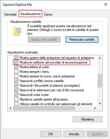 Windows 10, Mostra le notifiche del provider di sincronizzazione