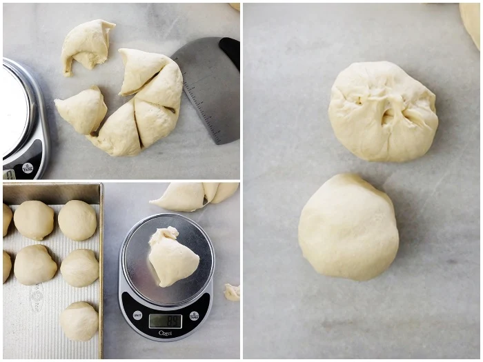weighing, cutting, and shaping Right-Away Dinner Rolls