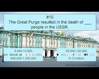 The Great Purge resulted in the death of ___ people in the USSR. Answer choices include: 8,000-13,000; 80,000-130,000; 800,000-1,300,000; 8-13 million