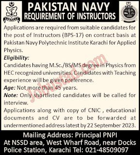 New Advertisement And New Application In Instructor Jobs in Pak Navy - 2023 In Pakistan