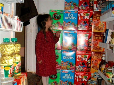 Emily in 2004 with the Wall o'Cereal after a big Kellogg's sale