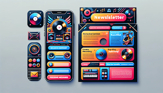 This image is showcasing a visually appealing newsletter layout designed for musicians and DJs. It features a modern design with vibrant colors and music-related icons, tailored to enhance engagement with your audience.