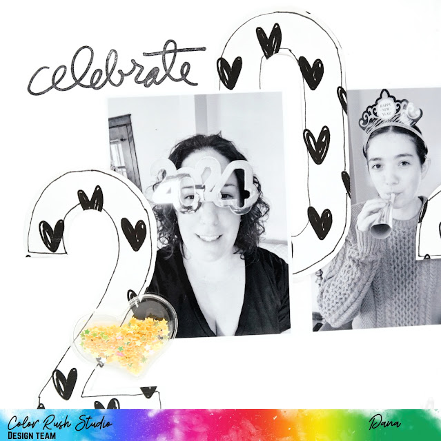 Stamped Celebrate Title with 2024 Heart Print Fussy Cut Numbers on a New Year Scrapbook Layout