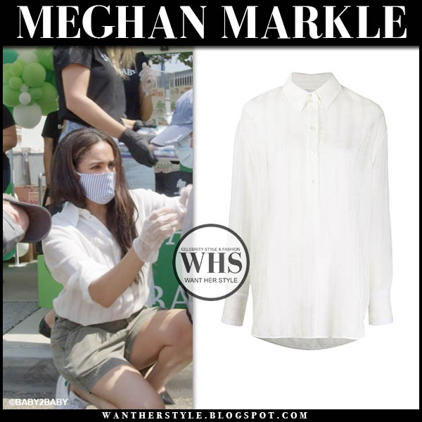 Meghan Markle waring white shirt and white Adidas sneakers
