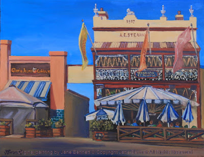 plein air oil painting of the heritage architecture, the A.C.Stearns building,George Street Windsor,(Windsor Seafoods), with the Gloria Jeans coffee shop next door,  painted by artist Jane Bennett