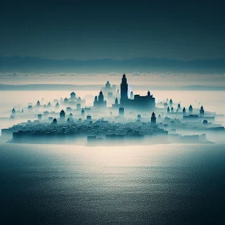 a mirage over the sea, resembling a ghostly city