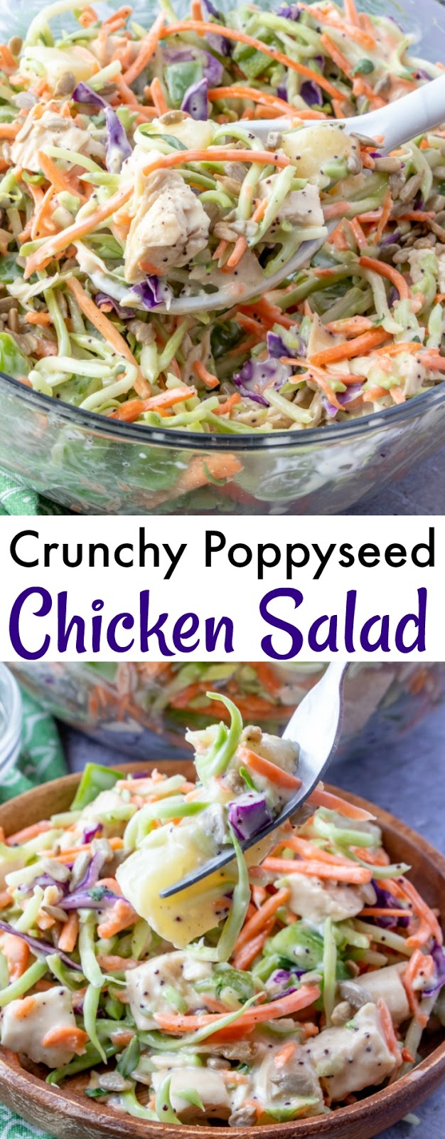 Crunchy Poppyseed Chicken Salad Recipe from Hot Eats and Cool Reads! This easy spring and summer salad is delicious, and perfect for any picnic, barbecue or lunch! Also great with turkey or ham if you're looking for ideas to use holiday leftovers!