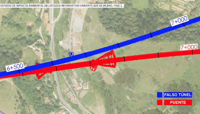Trazados de las alternativas en Gorostiza en falso túnel y en puente