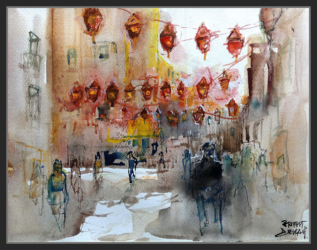 FAROLILLOS COLGANTES-CHINATOWN-LONDRES-LONDON-PINTURA-ARTE-ACUARELAS-MOVIMIENTO-GENTE-ARTISTA-PINTOR-ERNEST DESCALS